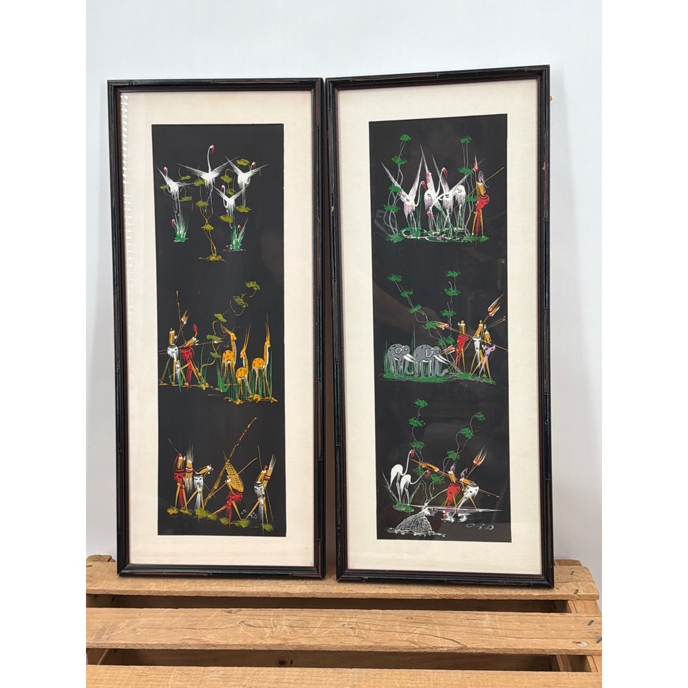 Vtg MCM African Folk Art Gouache Pair Vertical Triptych Signed Framed Paintings